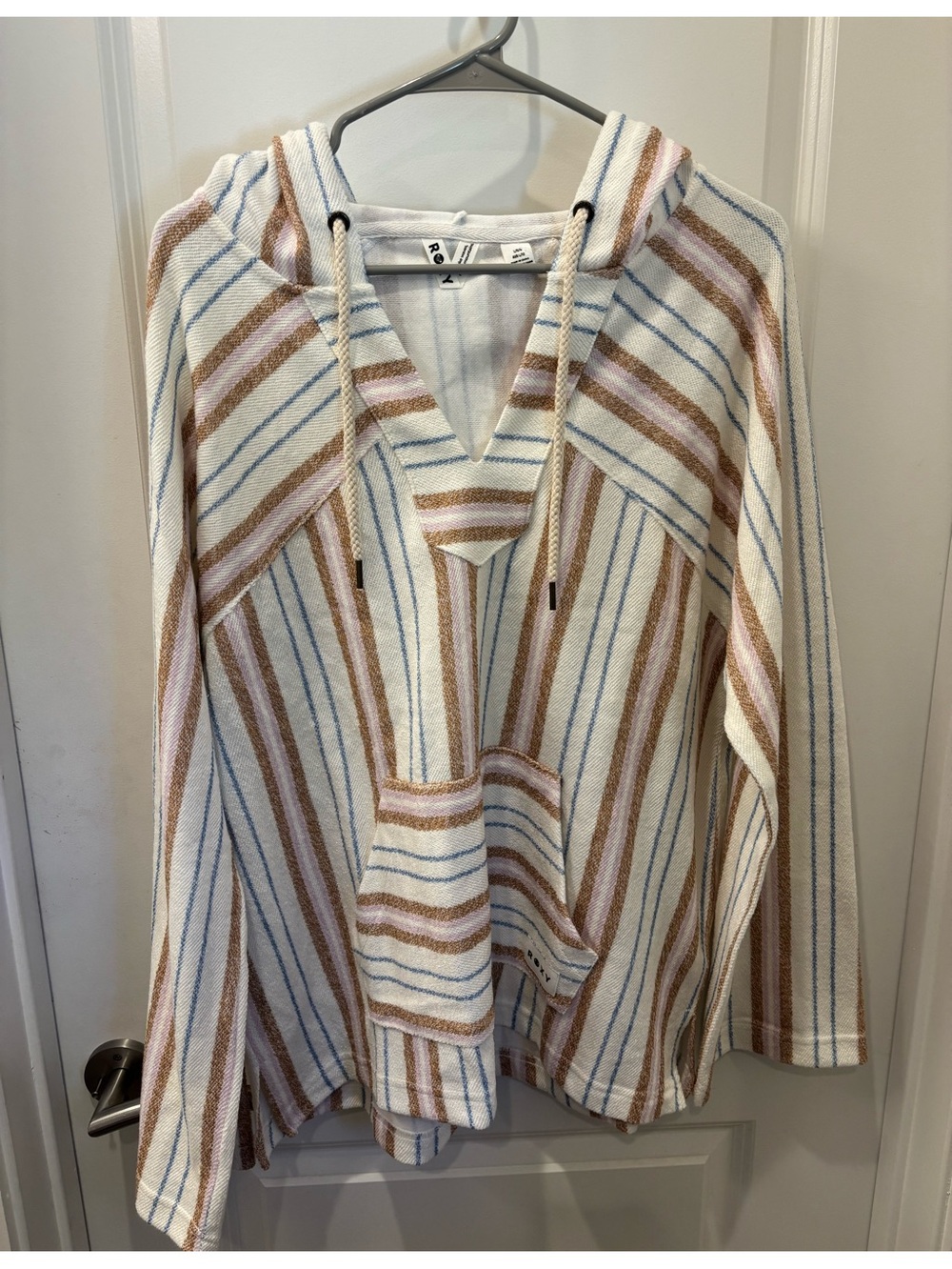 NWT Roxy Striped Hooded Baja Pullover in Cream, Brown & Blue - L